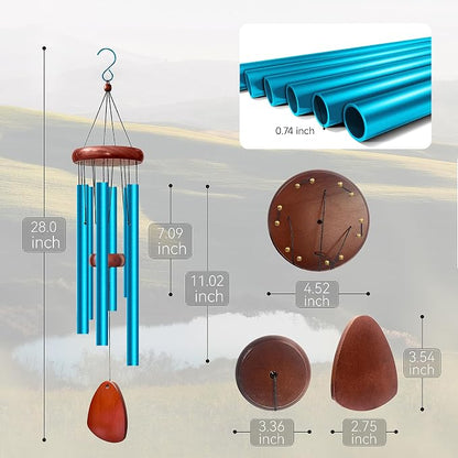 28" Wind Chimes for Outside. Deep Tone Lovely Wind Chimes with 6 Aluminum Tubes Courtyard Decoration. Windchimes Outdoor Create an Enjoyable Atmosphere & Give Mom a Gift(Blue)