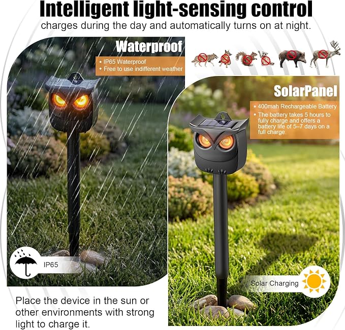 4 Pack Solar Owl Animal Repeller Outdoor for Raccoon, Deer & Squirrel Cat, Night-Only Breathing Mode Light Deterrent, Mini Hanging Predator Scare Device, Waterproof for Garden Yard Tree Shed