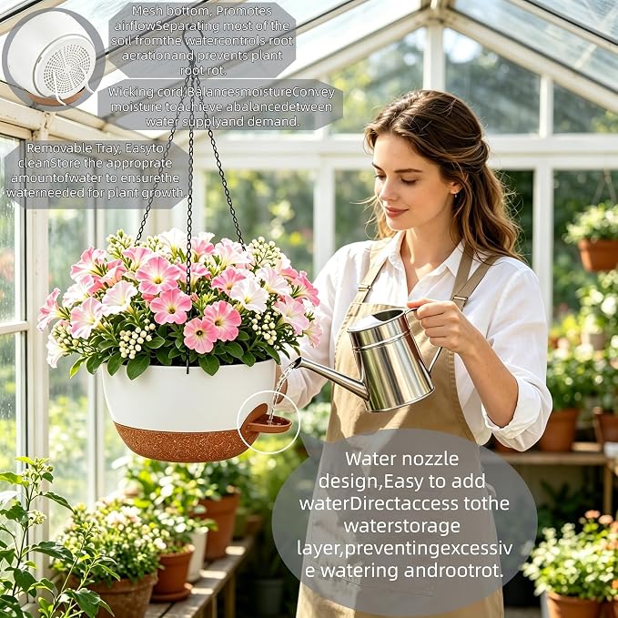 Set of 4-8 Inch Self Watering Hanging Planters for Indoor Outdoor，Hanging Plant Pots with Drainage & Removable Tray, Hanging Pots Holder for Ivy, Pothos, Ferns, Balcony & Patio, White Brown