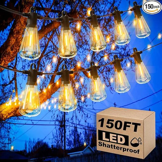 Zuske Outdoor String Lights, 150FT LED Patio Lights with 72+3 ST38 Vintage Edison Shatterproof Bulbs, Waterproof Connectable Dimmable Outside Hanging Lights for Backyard Bistro Porch Gazebo(75FTx2)