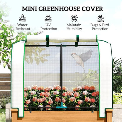 Outsunny Raised Garden Bed with PE Greenhouse Cover Outdoor Elevated Wood Planter Box for Herbs and Vegetables, Use for Patio, Backyard, Balcony, 35 x 22 x 47 inch, Sand