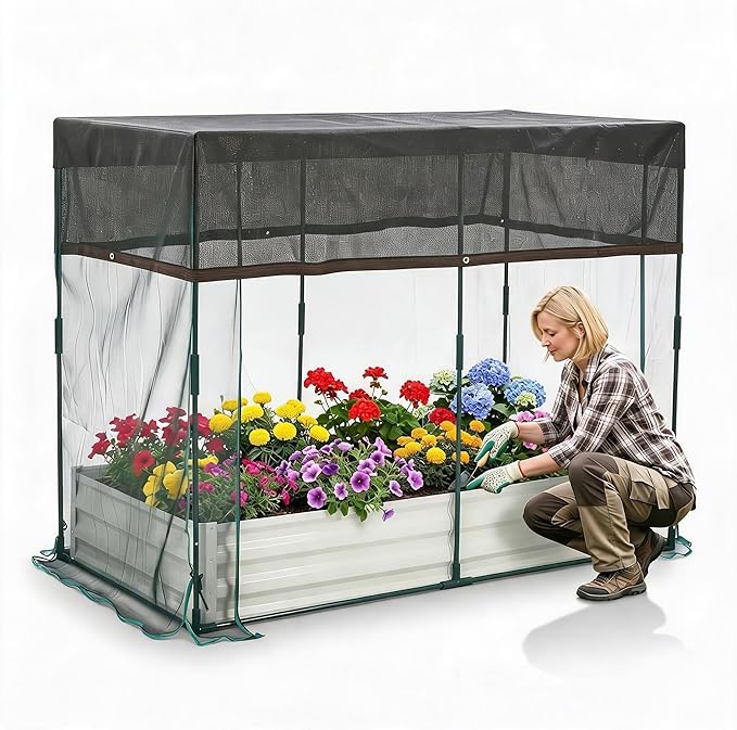 8x4x1Ft Galvanized Raised Garden Bed Kit w/Self Watering Irrigation & Mesh Cover, Metal Bottomless Raised Planter Box for Veggies Herbs Flowers, Rustproof Elevated Garden Bed Backyard Patio Farm