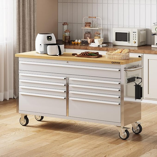 Garvee 61-Inch Heavy-Duty Rolling Tool Chest & Mobile Workbench with 9 Drawers & Outlets, Rubber Wood Tabletop, Key Locking System, Drawer Liners & Wheels, Steel Storage Cabinet for Garage