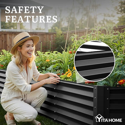 YITAHOME 8x4x1.5 ft Galvanized Raised Garden Bed Kit, Large Metal Planter Box with Gloves, Safety Rubber & Support Rod, Outdoor Flower Bed for Plants Vegetables, Black