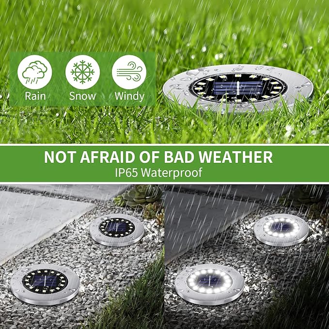 NFESOLAR Solar Ground Lights Outdoor with 16 LEDs Higher Brightness | IP65 Waterproof, Stainless Steel Shell, Auto ON/OFF, Wire-Free for Yard Garden Pathway - White 8 Pack