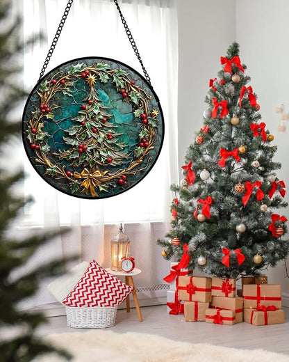 DASTOLL Stained Glass Window Hangings - Red Gold Green Wreath Suncatcher for Door Home Christmas Tree Decoration Sun Catcher Thanksgiving New Year Birthday Gift for Women Men Mom Grandma 7.8 in