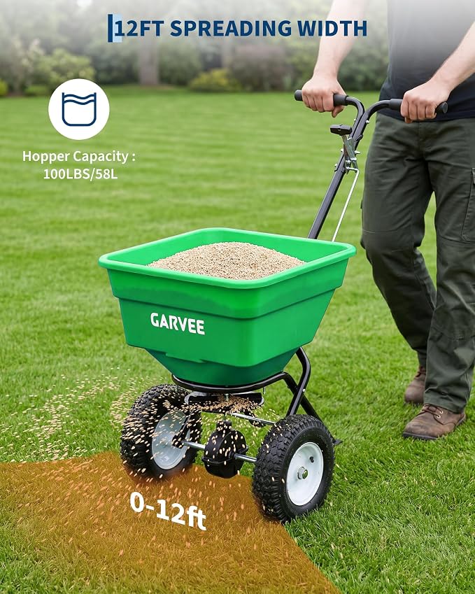 100LBS Push Broadcast Spreader, 12FT Spreading Width, 13 in All-Terrain Wheels, Adjustable Flow Control, Heavy Duty Walk Behind Lawn Spreader for Fertilizer, Grass Seed, Ice Melt, Salt