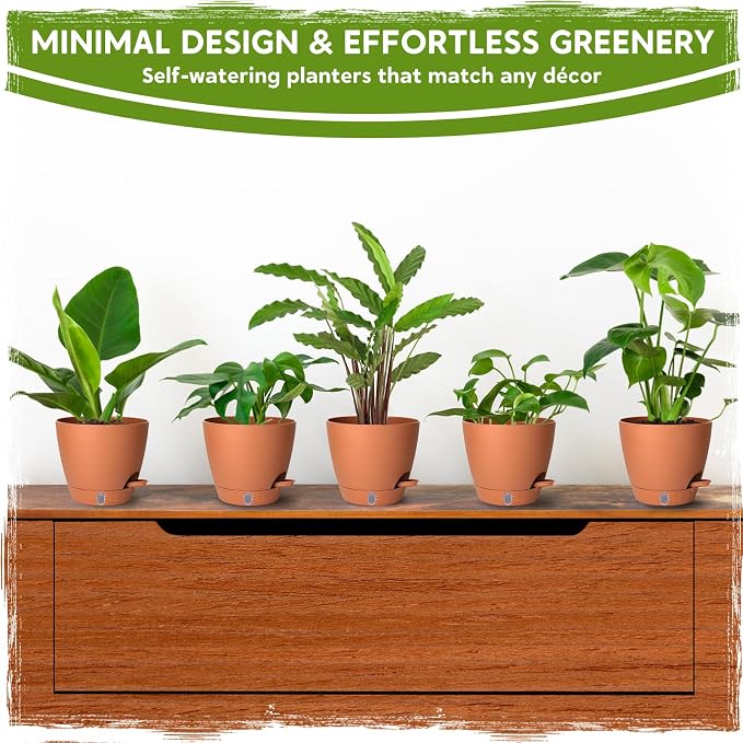 8 Inch Self Watering Pots for Indoor Plants, Plastic Planters with Deep Reservoir & Drainage Holes, Flower Pots for Monstera, Snake Plant & Peace Lily, Worry-Free Vacation Care (Terra Cotta, 8 inch)