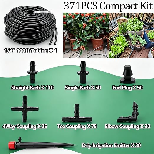 100FT 1/4" Drip Irrigation System Kit, Automatic Watering System, DIY Automatic Irrigation Equipment Set for Greenhouse, Garden, Yard, Lawn