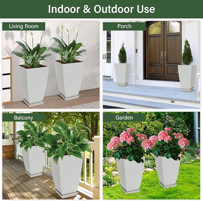Neoaider Set of 2 Tall Planter, 21 inch Large Plastic Planter, Bluish Gray | Ceramic-Look, Lightweight, Built-in Drain Hole, Saucers, Tall Outdoor Planter for Porch, Garden, Patio, Balcony