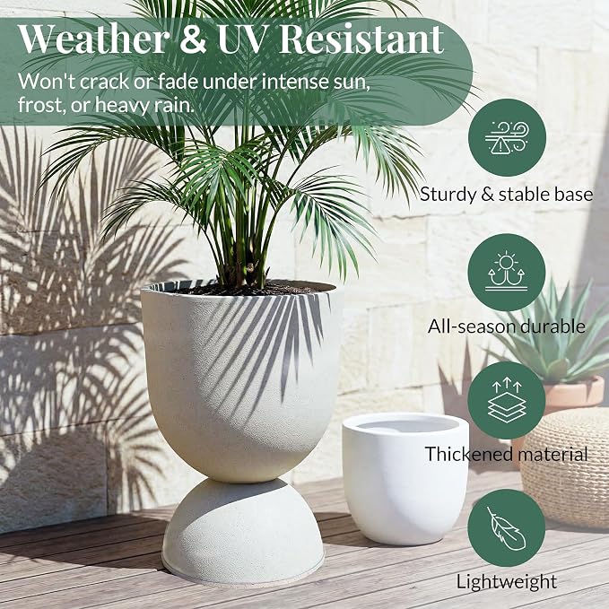 KOL Planters Flower Pots, Large Plastic Urn Planters for Indoor Outdoor Plants, Beige Pedestal Planter Pots, 23 Inch Tall Decorative Planters with Drainage Holes & Plugs for Patio Garden, 1 Pack