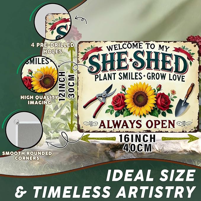 PEACHGARDEN Garden Decor She Shed Wall Art Decor Welcome To My She Shed Garden Metal Sign for Greenhouse Plantroom Yard Patio 12x16 inch