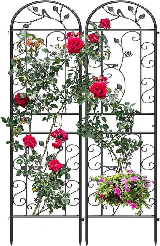 2-Pack 87" x 20" Daisy & Bird Arch Black Metal Garden Trellises | Set of 2 rust-resistant metal trellises with bird, daisy, and scrollwork details, spikes, and support for climbing plants
