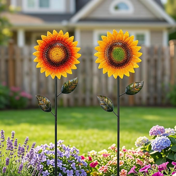 Topadorn Garden Decor for Outside, 2 Pack 39" Metal Sunflower Garden Stakes, Outdoor Yard Art Flower Stakes for Lawn, Patio & Flower Beds
