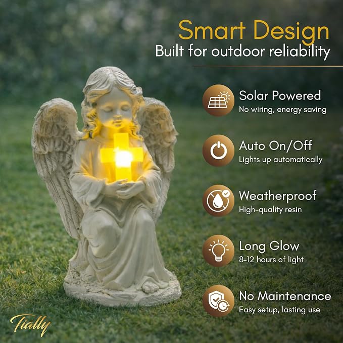 TIALLY Solar Angel Garden Statue with Glowing Cross – Large Angel Figurines with Soft Glow, Weatherproof Outdoor Statues for Memorial Decor, Yard, Lawn or Cemetery Use, Angels Gifts for Women