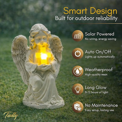 TIALLY Solar Angel Garden Statue with Glowing Cross – Large Angel Figurines with Soft Glow, Weatherproof Outdoor Statues for Memorial Decor, Yard, Lawn or Cemetery Use, Angels Gifts for Women