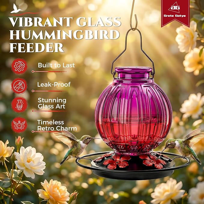 Glass Hummingbird Feeder for Outdoors Hanging, 26Oz Bird Nectar Feeder with Perch & 5 Flower Feeding Ports, Leak Proof for Outside Garden Decor Backyard, Gifts for Women Mom, Purple & Red