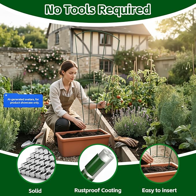Thealyn 4 Pack 56" Metal Plant Trellis for Pots & Garden Beds, Rustproof Support for Indoor Outdoor Climbing Plants, Vines, Flowers, Fan Shaped, Green