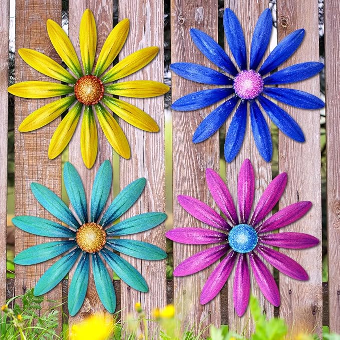 Giyyomtr Metal Flowers Wall Decor - 4pcs 6.2'' Metal Wall Art Hanging Decorations for Outdoor Fence Garden Yard Patio Exterior Wall Decor