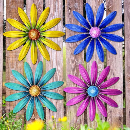Giyyomtr Metal Flowers Wall Decor - 4pcs 6.2'' Metal Wall Art Hanging Decorations for Outdoor Fence Garden Yard Patio Exterior Wall Decor