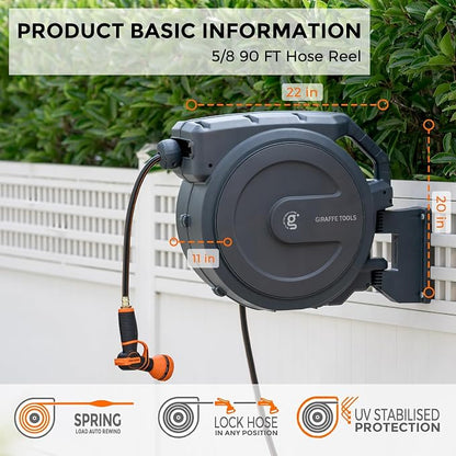 Giraffe Tools Retractable Garden Hose Reel 5/8 inch x 90 ft Hose Reels for Outside, Wall Mounted Water Hose Reel with 180 Deg Swivel Bracket, Any Length Lock, 7 Pattern Hose Nozzle