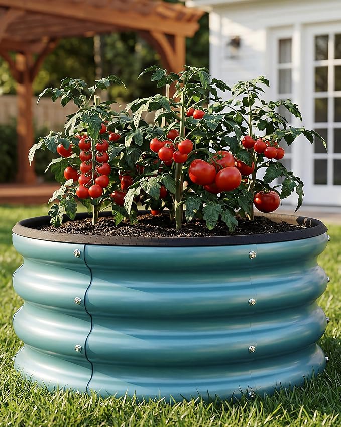 2 x 2 x 1 ft Round Raised Garden Bed, Blue 2 Pack 0.6 mm Thick Galvanized Steel Planter Box with Double Layer Paint and Safety Edge Trim for Vegetables Flowers Herbs Outdoor Garden