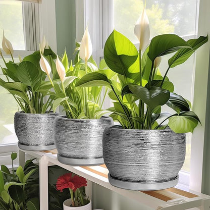 SQOWL Ceramic Pot for Plants - 10 Inch Planter Indoor, Round Large Planter Outdoor with Drainage Hole and Plant Saucer, Decorative Ceramic Flower Pot, Kitchen Decor, Housewarming Gifts, Silver