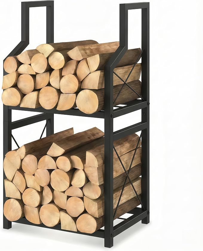 Firewood Rack Indoor Outdoor - 31.5" Vertical Log Holder with Kindling Storage, Heavy Duty 2-Tier Steel Wood Stacker Stand with X-Guardrails for Fireplace, Patio, Porch, Black