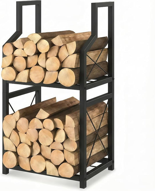 Firewood Rack Indoor Outdoor - 31.5" Vertical Log Holder with Kindling Storage, Heavy Duty 2-Tier Steel Wood Stacker Stand with X-Guardrails for Fireplace, Patio, Porch, Black