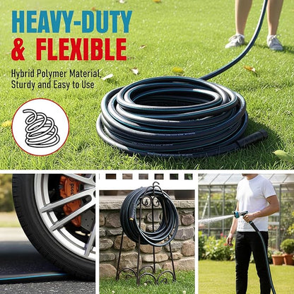 Garden Hose 25 ft x 5/8" with Nozzle, Water Hose Heavy Duty Flexible, Lightweight Kink-less Hybrid Hose with Swivel Handle, Male to Female Fittings