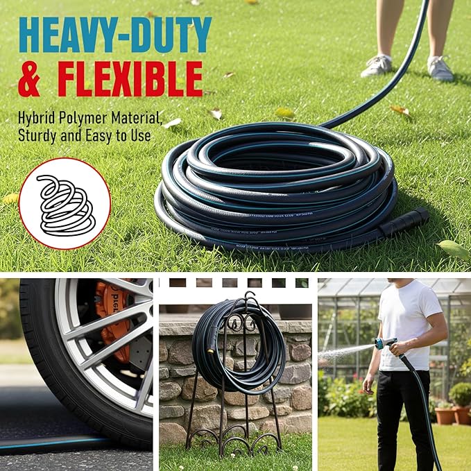 Garden Hose 75 ft x 5/8" with Nozzle, Water Hose Heavy Duty Flexible, Lightweight Kink-less Hybrid Hose with Swivel Handle, Male to Female Fittings