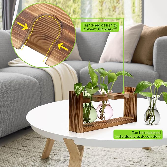 Plant Propagation Station Plant Terrarium Unique Birthday Gifts for Women | Plant Lovers Home Office Decor Planter with Wooden Stand - 3 Bulb Glass Vase