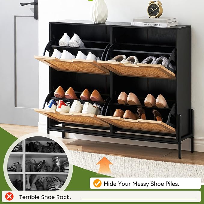 coucheta 4 Flip Drawers Shoe Storage Cabinet, Rattan Shoe Organizer with Metal Legs, Freestanding Narrow Shoe Rack Cabinet for Entryway, Black
