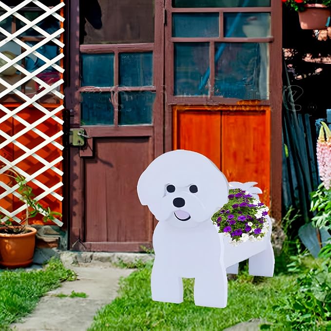 Bichon Frise Dog Planter Pots, 9.84 x 9.06 x 17 Inches | Large Dog Flower Pot, Cute Animal Shaped Plant Pot, Gifts for Women & Pet Lovers, Indoor Outdoor Garden Home Office Decor