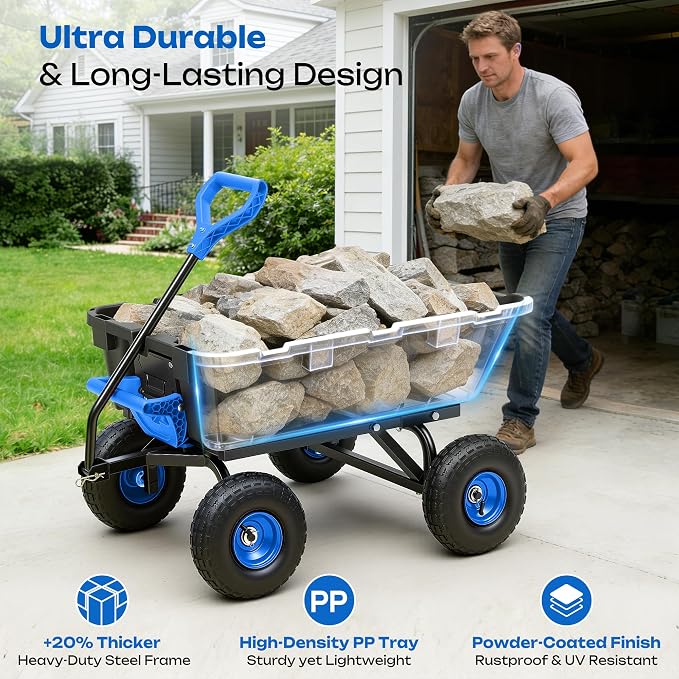 Wheelbarrow Garden Dump Cart Wagon | Upgrade 10" All Terrain Pneumatic Tires,DIY Expansion over 900LBS Capacity, Transportation in Yard, Farm, Garden,Blue