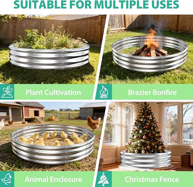 12 Inch Tall 72 Inch Diameter Round Silver Raised Garden Bed Kits Outdoor | 1 FT Tall,6 FT Planter Bed for Flowers,Herbs,Vegetables,Trees,0.8MM Thick Galvanized Metal Painted,with Gloves,Tool free