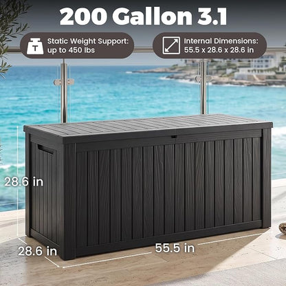 Outdoor Storage Box, 200 Gallon Waterproof Deck Box [Upgraded 3.1], Large Resin Storage with Hydraulic Lifts for King Cushions, Heavy Duty Lockable Bench Seat, Pool Deck, Black