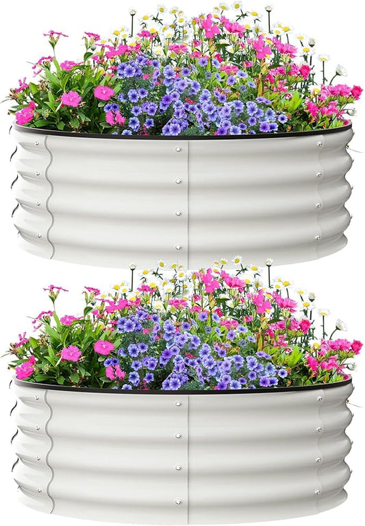 Garvee Galvanized Raised Garden Bed, 2Pcs Raised Garden Beds Outdoor, Round Planter Raised Beds with Gloves and Rubber Edge Trim for Vegetables, Flowers and Herbs, 3x3x1 FT, White