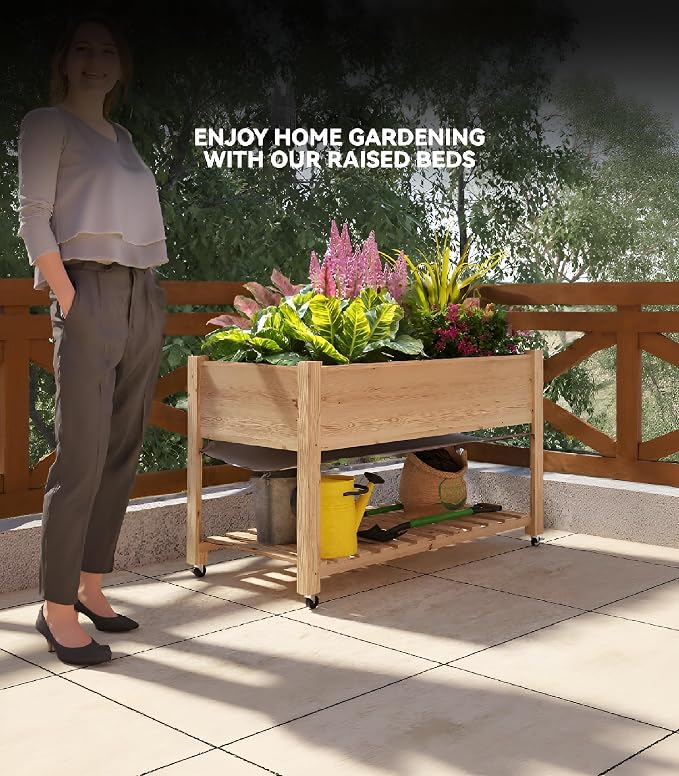 Rolling Elevated Planter Box on Wheels, 48x24x30 Inch Mobile Raised Garden Bed with Locking Casters, Storage Shelf, Wooden Outdoor Planter for Vegetables Flowers Patio Backyard, Natural Wood
