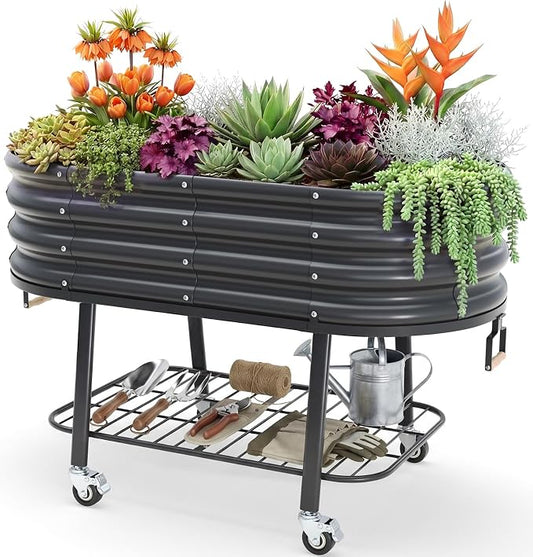 KING BIRD Large Raised Garden Bed with Legs Galvanized Elevated Planter Box 47.2x23.6x29.9 in for Backyard, Patio, Balcony, Dark Grey