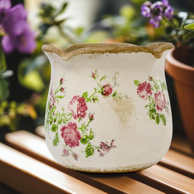 Dosayes Rustic Ceramic Planter, 6 Inch Tuscan Vintage Flower Pot with Drainage, Farmhouse Garden Pot for Indoor Plants, Kitchen & Garden Tuscan Decor, Plant Lover Gift (Pink)