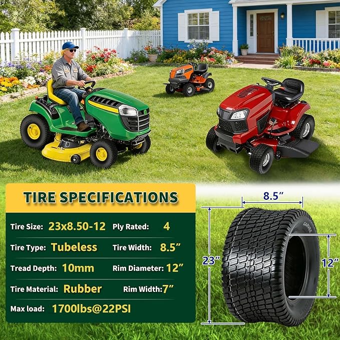 GarveeLife 23x8.5-12 Lawn Mower Tires (Set of 2) - 23x8.5x12 4-Ply Tubeless Garden Tractor Turf Tires, 1700 LB Load Capacity, 22 PSI, for Mowers & Yard Carts
