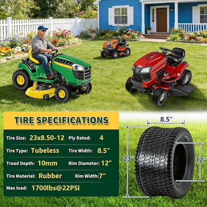 GarveeLife 23x8.5-12 Lawn Mower Tires (Set of 2) - 23x8.5x12 4-Ply Tubeless Garden Tractor Turf Tires, 1700 LB Load Capacity, 22 PSI, for Mowers & Yard Carts