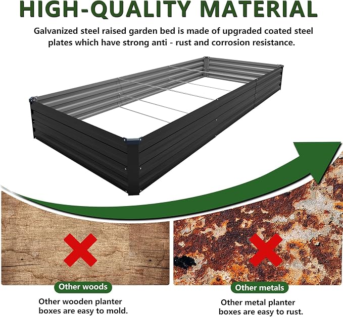 2PCS 12x4x1ft Galvanized Raised Garden Bed Kit,Gardening Planter Box | Outdoor Elevated Metal Planter Box For Vegetables, Flowers, Herbs, Anti-Rust Galvanized Steel, Open Drainage, Sturdy (Black)