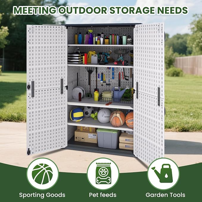 Greesum Outdoor Storage Cabinet Without Shelves, 50 cu.ft Outdoor Waterproof Storage Shed for Garden Tools, Garbage Cans, Pool Storage, White
