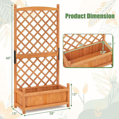 HAPPYGRILL Raised Garden Bed with Trellis, Large Planting Box w/Drainage Holes, 60” Wooden Garden Planter w/Diamond Lattice Trellis for Climbing Plants, Outdoor Planter Box for Patio (1, Orange)