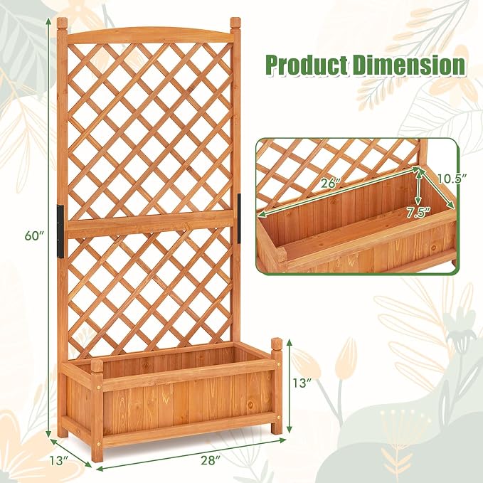 HAPPYGRILL Raised Garden Bed with Trellis, Large Planting Box w/Drainage Holes, 60” Wooden Garden Planter w/Diamond Lattice Trellis for Climbing Plants, Outdoor Planter Box for Patio (2, Orange)