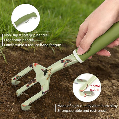 Garden Tool Set with Hummingbird Print, Heavy Duty Gardening Hand Tools with Garden Tool Bag,Gardening Gifts for Women&Men,Green