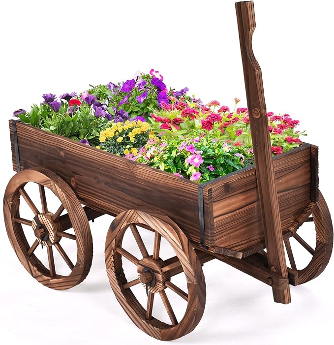 S AFSTAR Wooden Wagon, Wood Flower Planter Pot Stand with 4 Wheels & Drainage Holes, Amish Wagon Planter, Rolling Pot Stand Wood Wagon for Outdoor Plants Garden Decorative Garden Planter, Brown