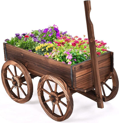 S AFSTAR Wooden Wagon, Wood Flower Planter Pot Stand with 4 Wheels & Drainage Holes, Amish Wagon Planter, Rolling Pot Stand Wood Wagon for Outdoor Plants Garden Decorative Garden Planter, Brown